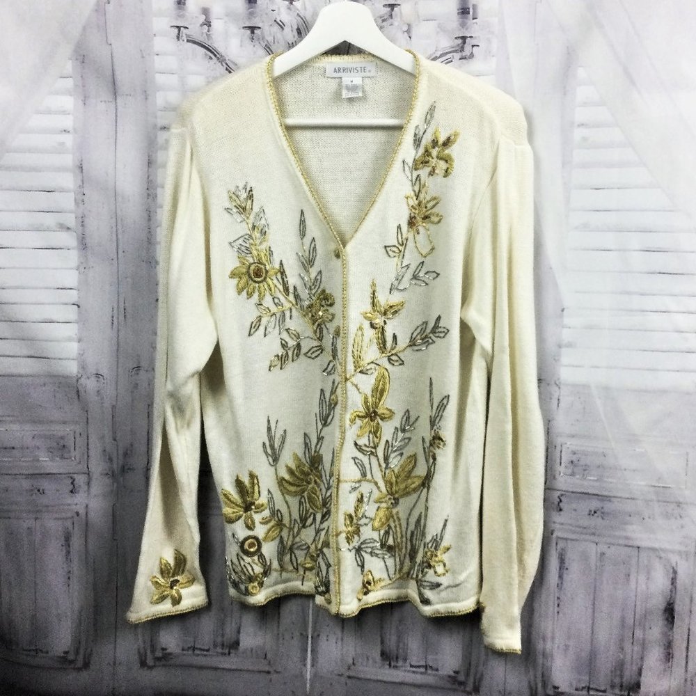 ARRIVISTE Floral Embroidered Beaded Knit Cardigan Sweater M